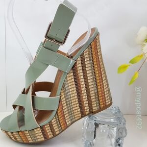 K&M Green Strappy Platform Wedge Sandals| High Heels